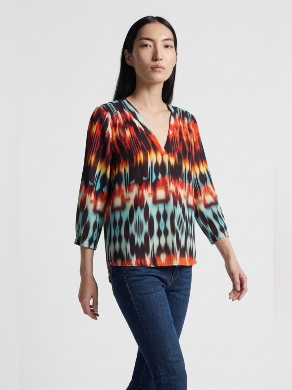 A.N.A (A New Approach) Ikat Tie Dye Multicolor Boho Peasant Blouse Top V-Neck L